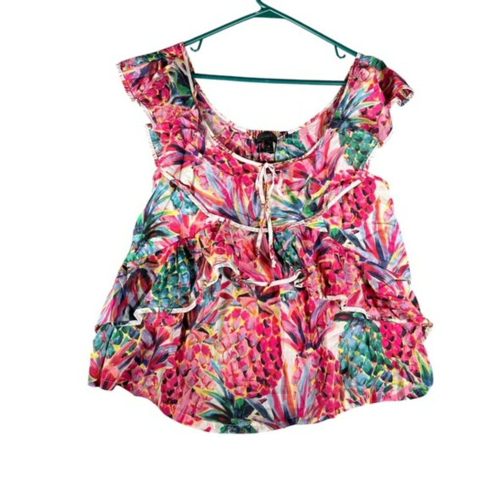J.Crew Womens Pineapple Print Ruffle Tiered Cotton Blouse Pink Multi Size 4